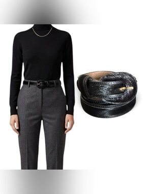 Vintage Tanner Black Calf Hair Leather Belt Size L Made in Holland Gold Buckle